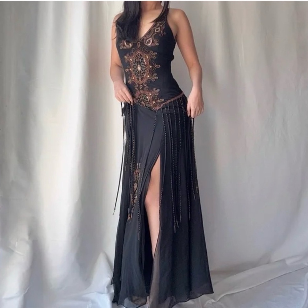 Vintage Cachè Chic Black and Brown Embellished Evening Gown - Picture 4 of 12